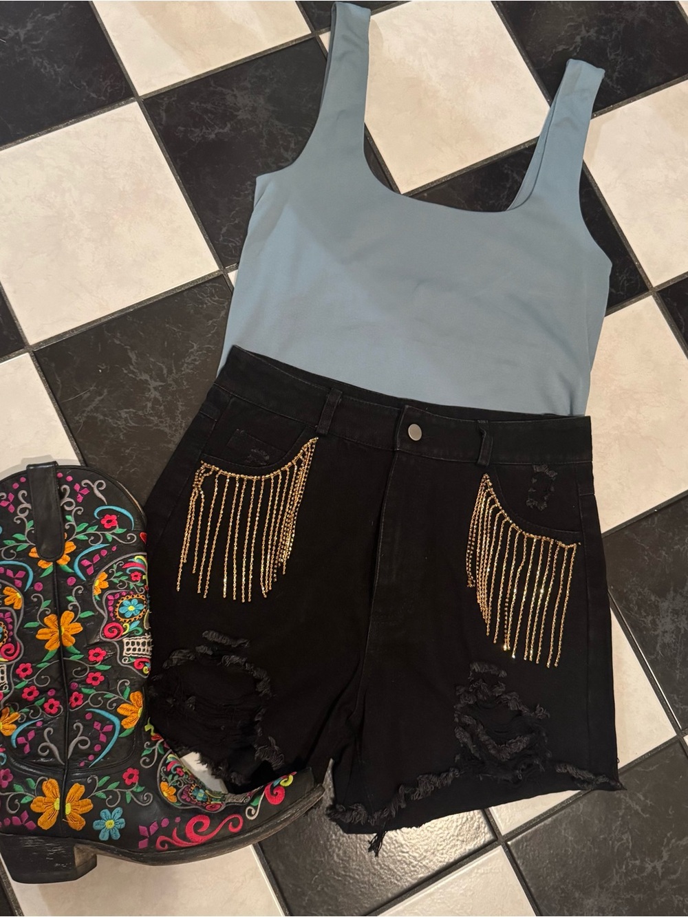 Blue B Black Distressed Jean Shorts with Gold Rhinestone Fringe size M
